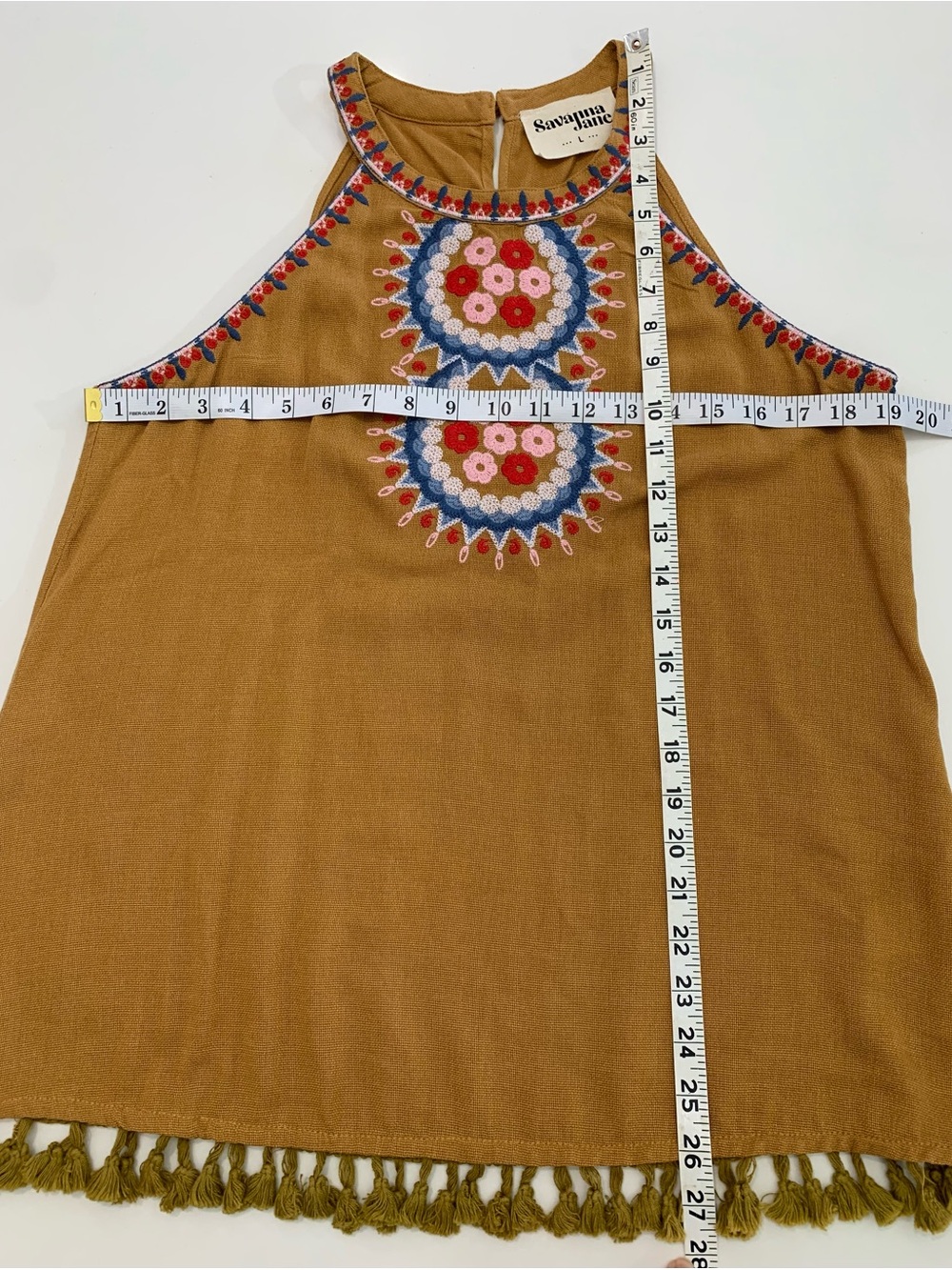 Savanna Jane Boho Mustard Halter Tank Multicolor Embroidery & Tassels, L - Picture 5 of 6